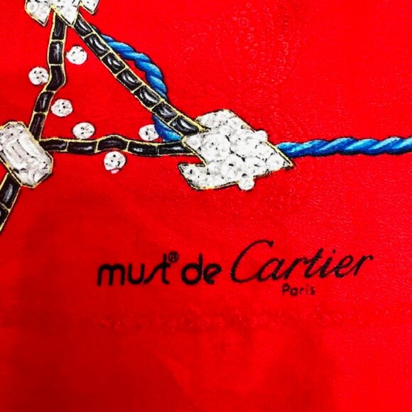 Vintage  Must de Cartier  Silk Scarf 32"  Bright Red Gem Diamond Logo Designs(37 - Picture 6 of 7